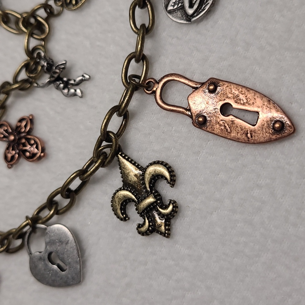 Charms Pendant Necklace 2 Strand Lock Key Fleur-de-lis Cherub Gold Silver Bronze - Picture 3 of 10